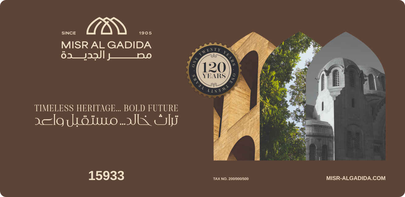 Misr Al Gadida 120 years logo with slogan Timeless Heritage Bold Future celebrating legacy of Heliopolis real estate development in Egypt.